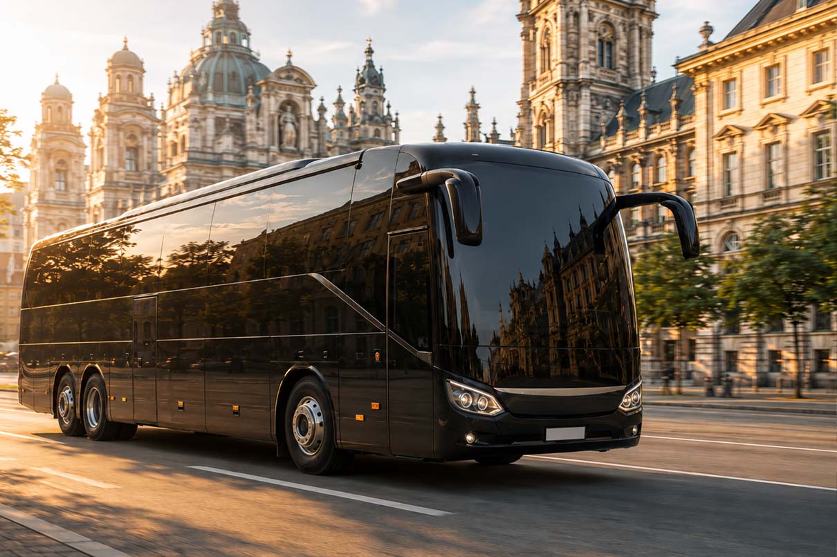 Busführerschein München – Friendly Drive Fahrschule Schwarzer Fahrschulbus von Friendly Drive unterwegs in München.