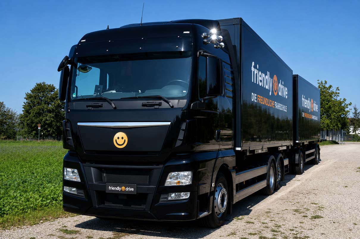 Schwarzer Friendly Drive LKW mit Anhänger für die LKW-Führerschein-Ausbildung in München.